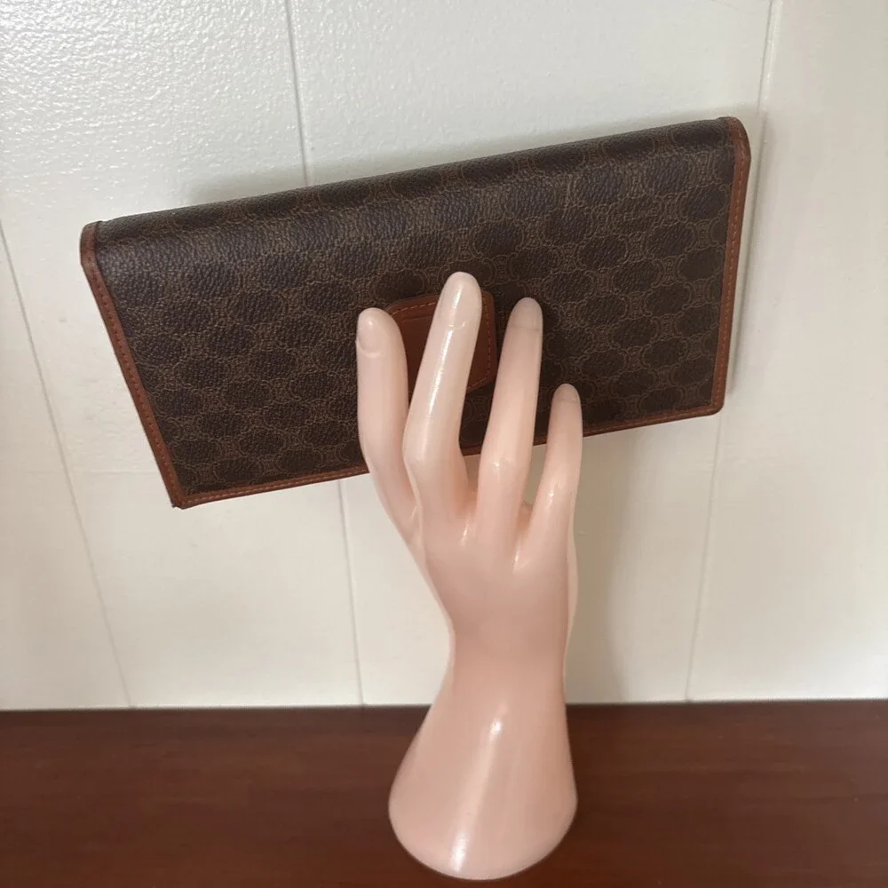 Celine Paris Long Wallet Macadam Brown Bi Fold Snap Coated Canvas Leather Trim - Picture 7 of 16
